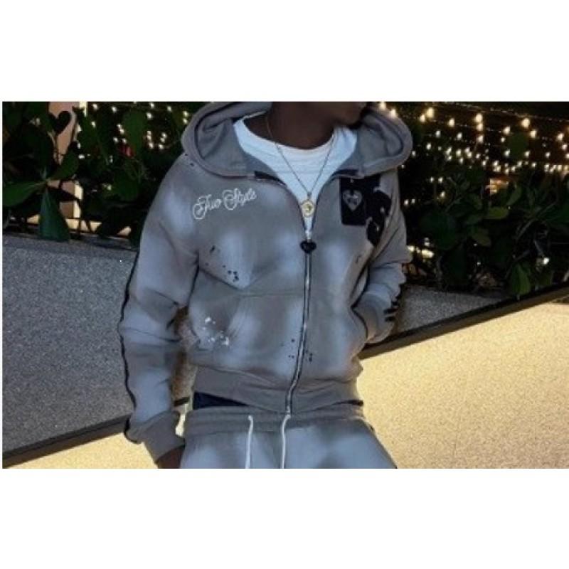 Mens Streetwear Vintage Printed Hooded Zip Sweatshirt Pants Set Loose Fit Teens