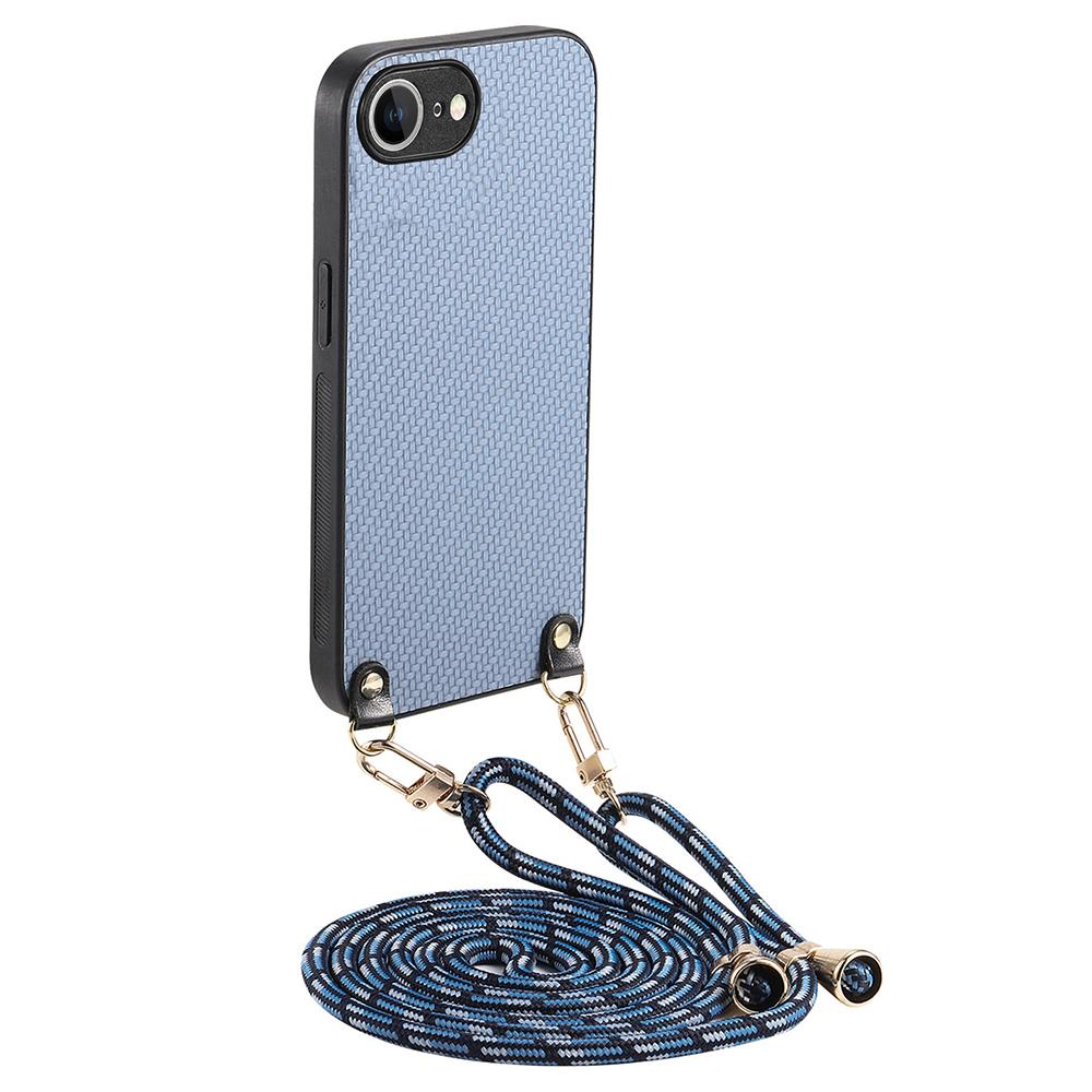 For iPhone 16e Case Carbon Fiber Texture PU+PC+TPU Anti Drop Phone Cover with Crossbody Lanyard