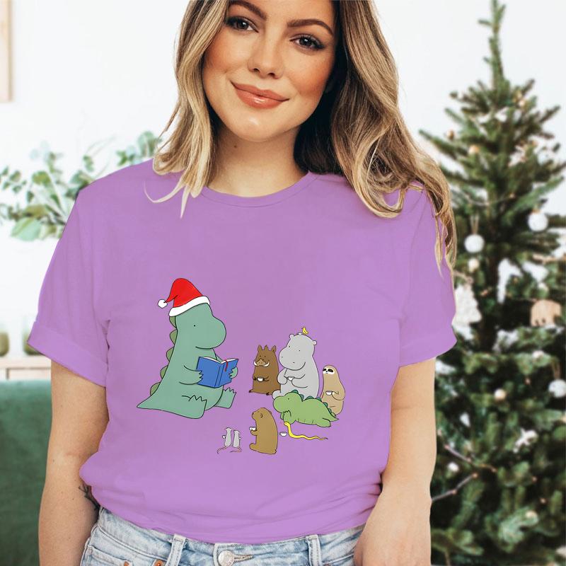 Christmas Cartoon Dinosaur Girls Clothing Crew Neck Funny Festive Premium Tshirt Cute Dinosaur Merry Christmas Gift Tshirts