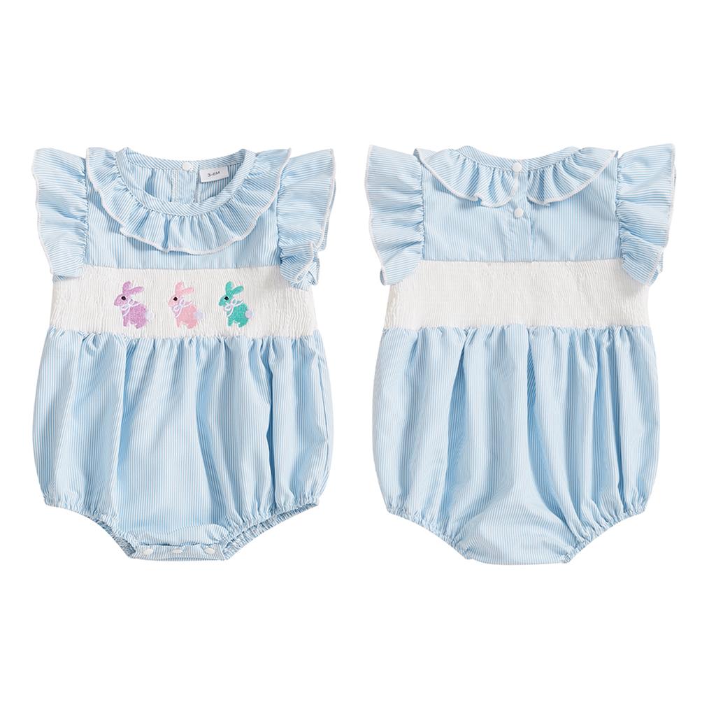 Baby Girl Easter Romper Short Sleeve Ruffle Collar Bunny Embroidery Smocked Bodysuit Newborn Outfit