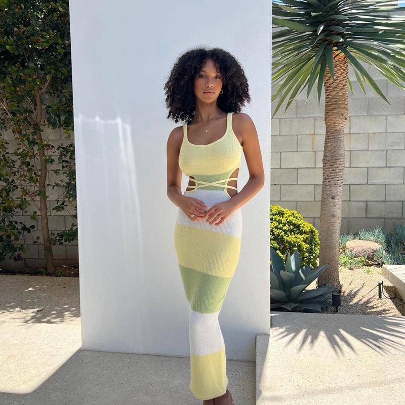 Elegant Sexy Backless Summer Beach Dress Women Straps Cut Out Shift Knit Maxi Holiday