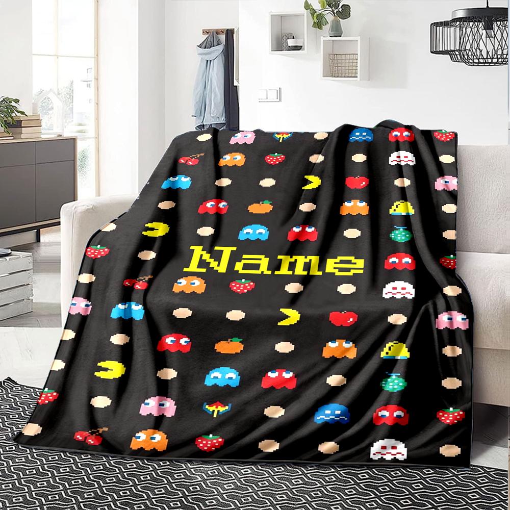 Custom Name Pac-Man Theme Printed Blanket - Perfect for Couch, Bed, Travel & Outdoor Use | Machine Washable, Cozy & Durable.