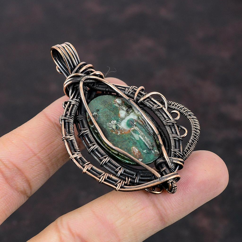 Подвеска из куприта и хризоколлы, чудесный кулон из драгоценного камня, подвеска из медной проволоки, подвеска ручной работы, дизайнерское ювелирное изделие из меди, подарок на помолвку