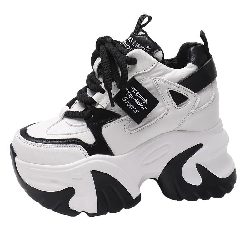 Модные женские кроссовки для ходьбы 2025 Весна На шнуровке Высокая платформа Массивная обувь Дышащая кожаная обувь Клиновидный каблук 10 см Повседневная обувь