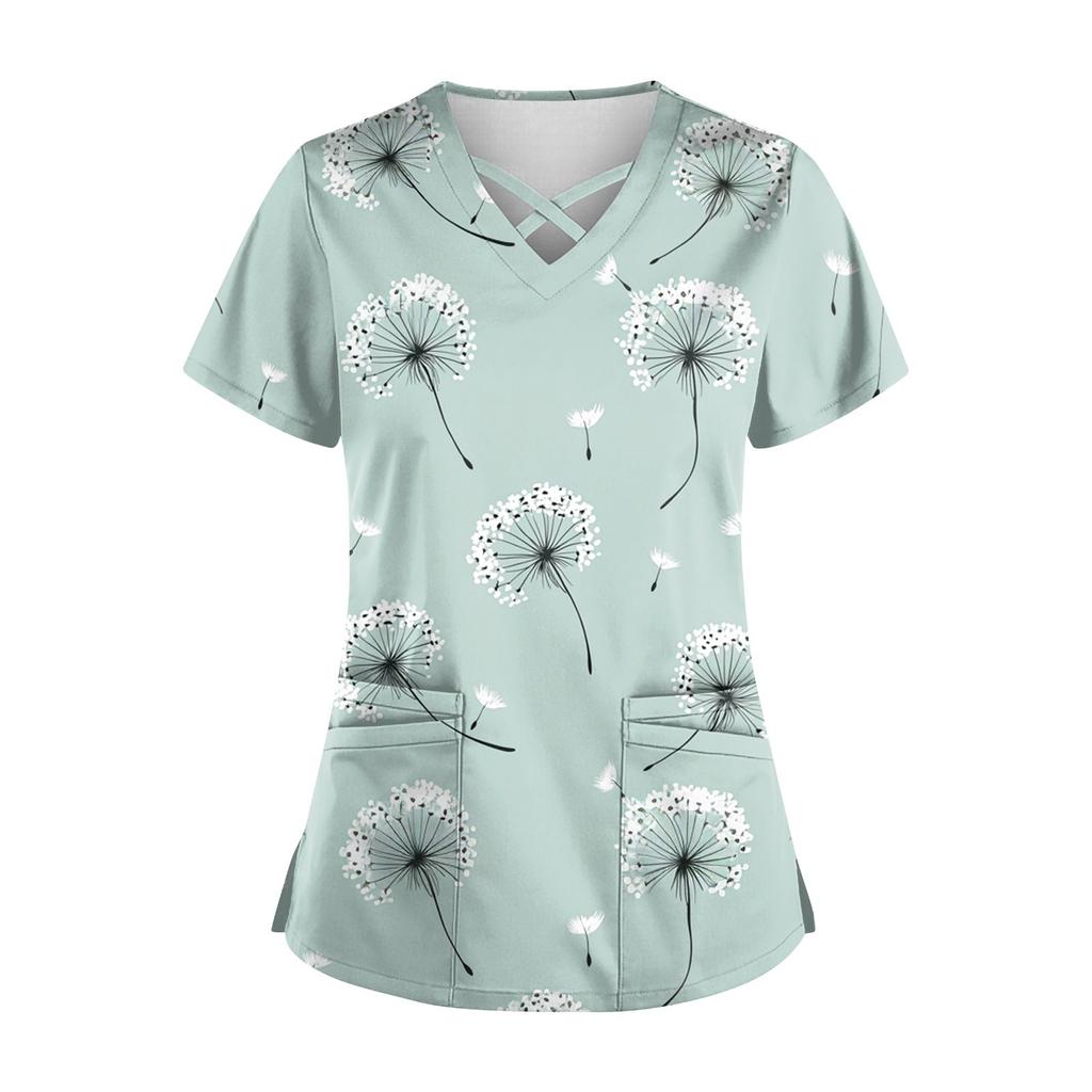 Women's Short Sleeve Stagger V Neck Print Pocket Dry-nurse Top