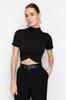Women's Style Blouse Black High Collar Short Sleeve Draped Crop Blouse Knitted Blouse