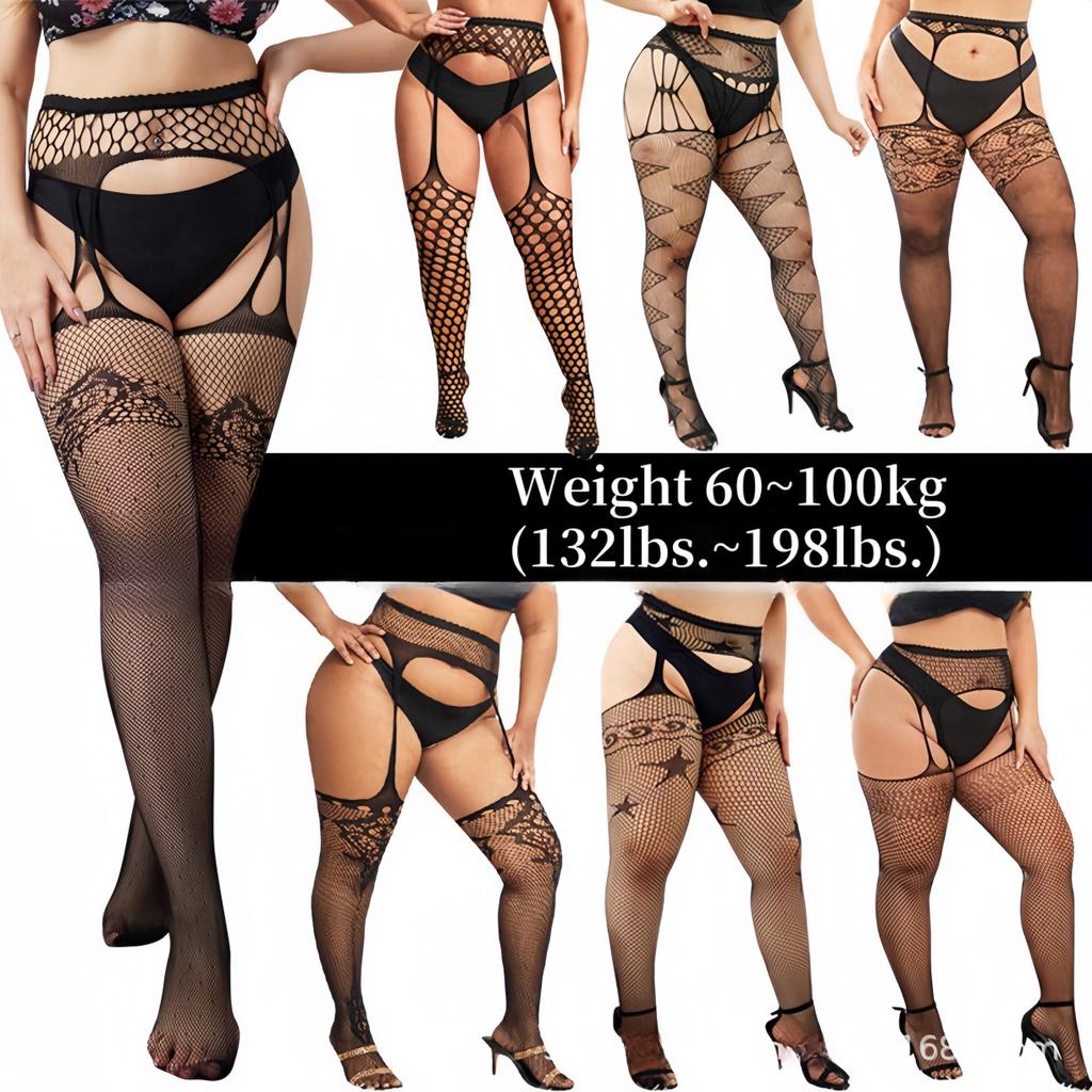 Plus Size Pantyhose Tights Thigh High Black Sexy Lace XXXXXL Oversize Underwear Fishnet Stockings with Garter Belt for Women XXL