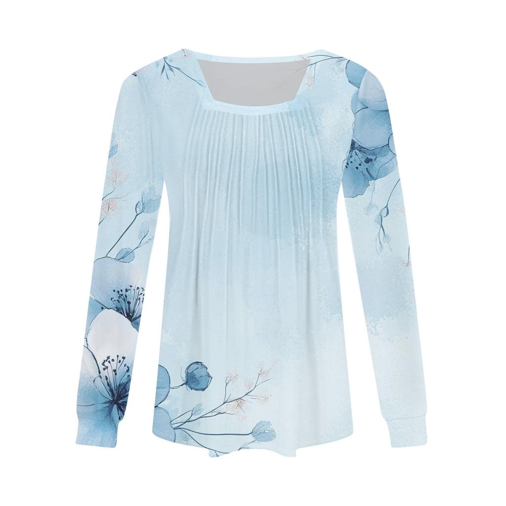 Long Sleeve Shirts For Women Tops Dressy Casual Blouses Pleated Square Scooped Neck Tunic Tops