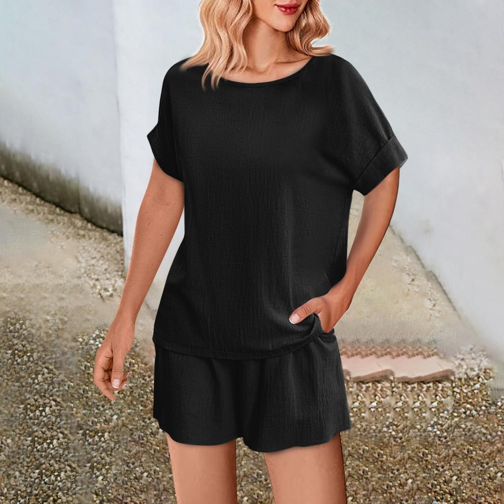 Women's Fashion Solid Color Casual Set Loose Round Neck Top Shorts Two Pieces