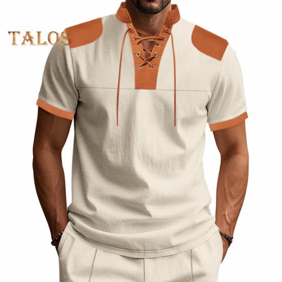 Мужская рубашка с V-образным вырезом на бретелях, цветная футболка с коротким рукавом в вафельную клетку, повседневная летняя футболка для повседневной вечеринки, офиса, путешествий