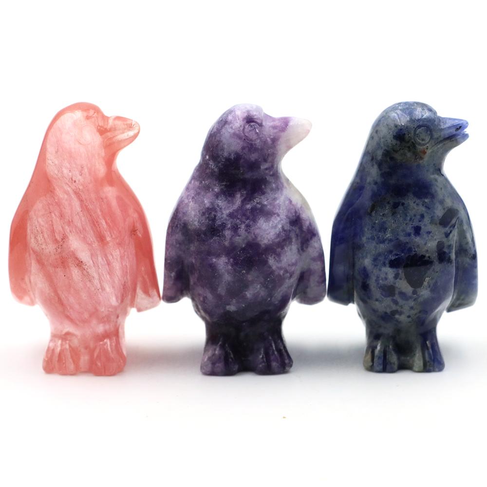 Cute Penguin Statue Natural Amethyst Rose Quartz Healing Crystals Stones Carving Reiki Animal Figurines Crafts Room Decoration
