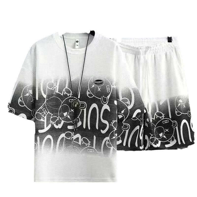 Мужской летний вафельный костюм из ледяного шелка, состоящий из двух частей, в стиле кэжуал - футболка с коротким рукавом и шорты