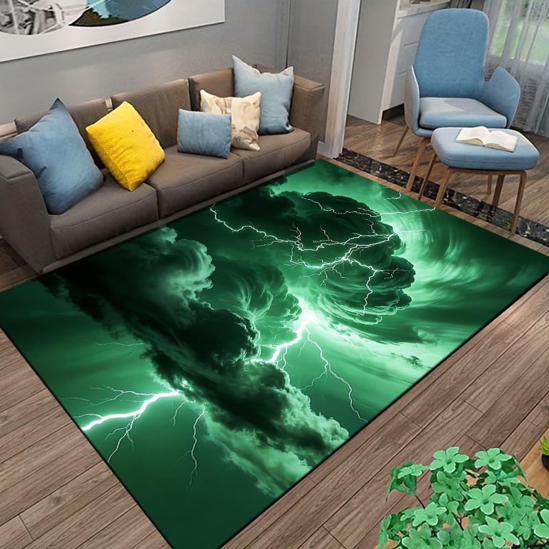 Green Lightning Storm Design Carpet, Dark Cloud Patterned Floor Rug Suitable for use as an anti-slip for living room bedroom sofas
