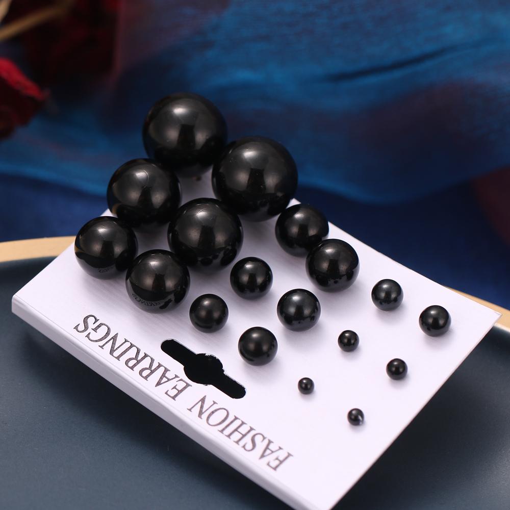 Модные черные, белые серьги с круглыми бусинами, 9 пар/компл. для женщин, простые серьги-гвоздики разных размеров в стиле ретро, свадебные украшения
