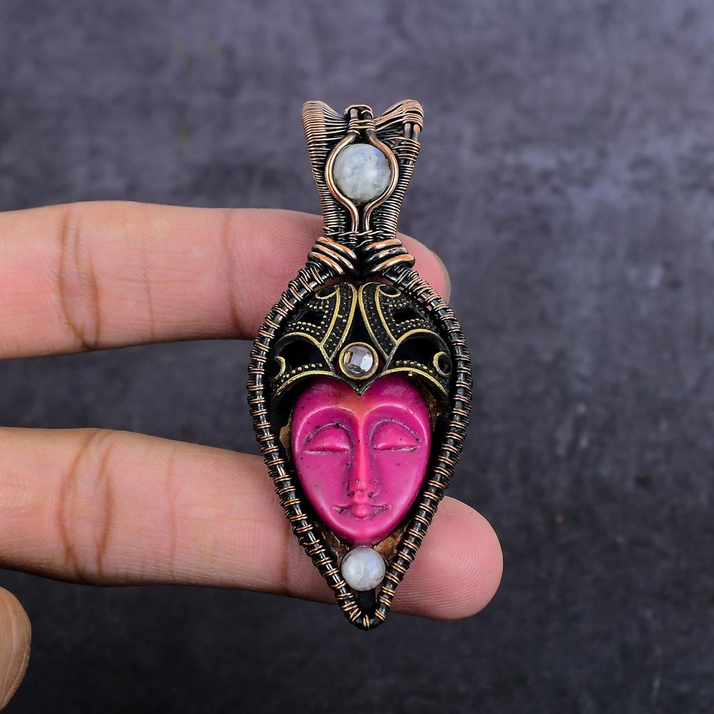 Natural Cameo, Moonstone Gemstone Copper Wire Wrap Jewelry Pendant 3.07" W8f93