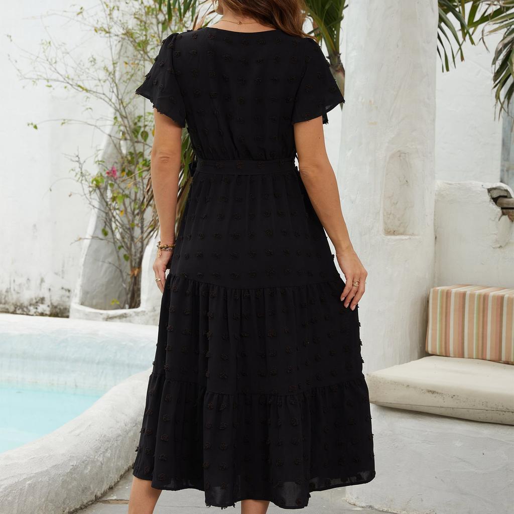 Women's Bohemian Polka Dot Dress Wrap V Neck Short Sleeve Solid Color Tie A-Line Layered Flowy Long Dresses