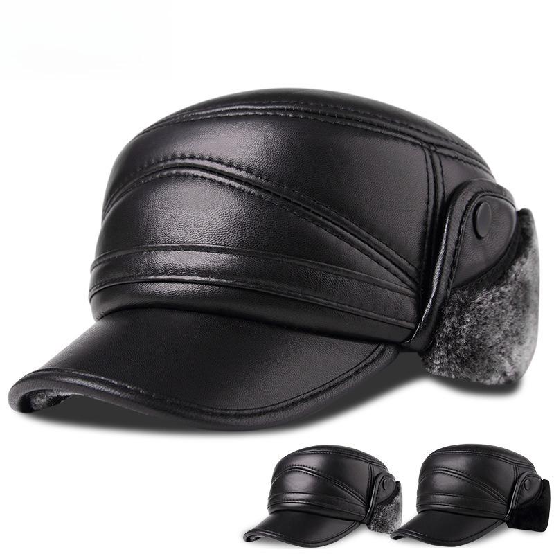 Winter Men's Leather Hat Thicken Leather Sheepskin Baseball Caps With Ears Warm Snapback Dad's Hats Sombrero De Cuero Del Hombre