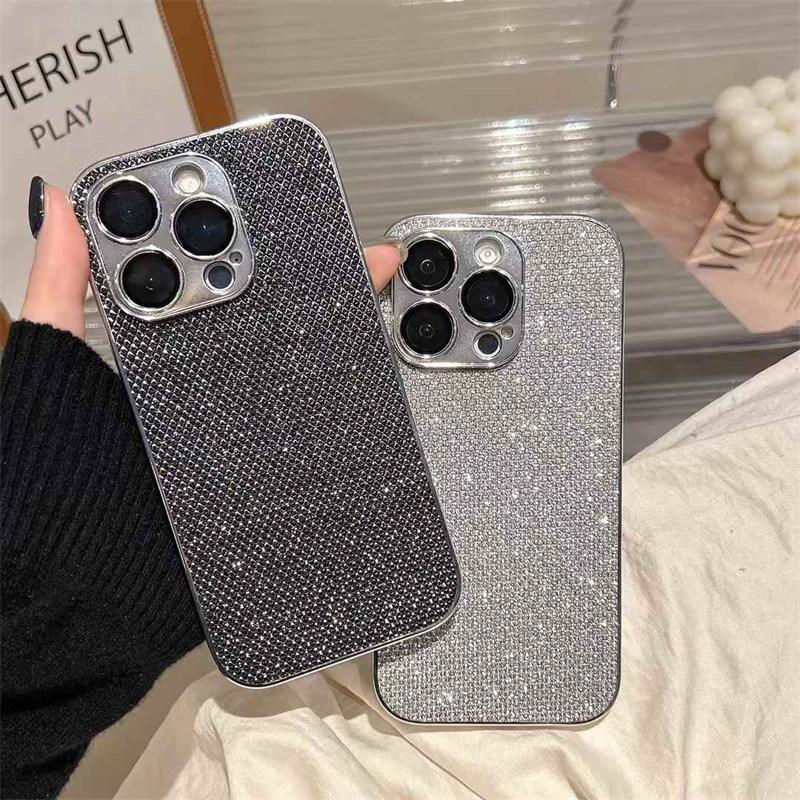 Luxury Electroplated Silver Frame Lens Film Flash Diamond Stylish Phone Case for iPhone 16 Pro Max 15 14 Plus 13 12 Pro 11 Fall Protection Cover