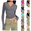 Женская мода повседневная футболка с V-образным вырезом и длинным рукавом, однотонные топы