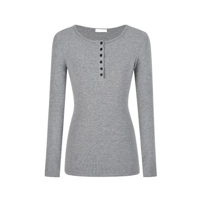 Изогнутая чистая новая футболка с полуоткрытым воротником и пуговицами, с длинными рукавами для женщин, тонкая базовая рубашка, топ на плечах