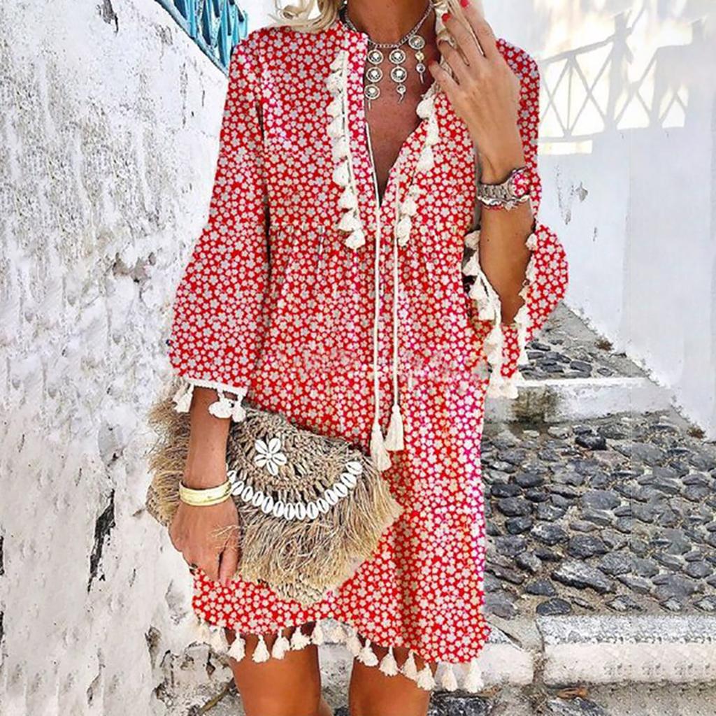 Women Three-quarter Sleeve Boho Floral Printed Dress Tassel V-neck Dress