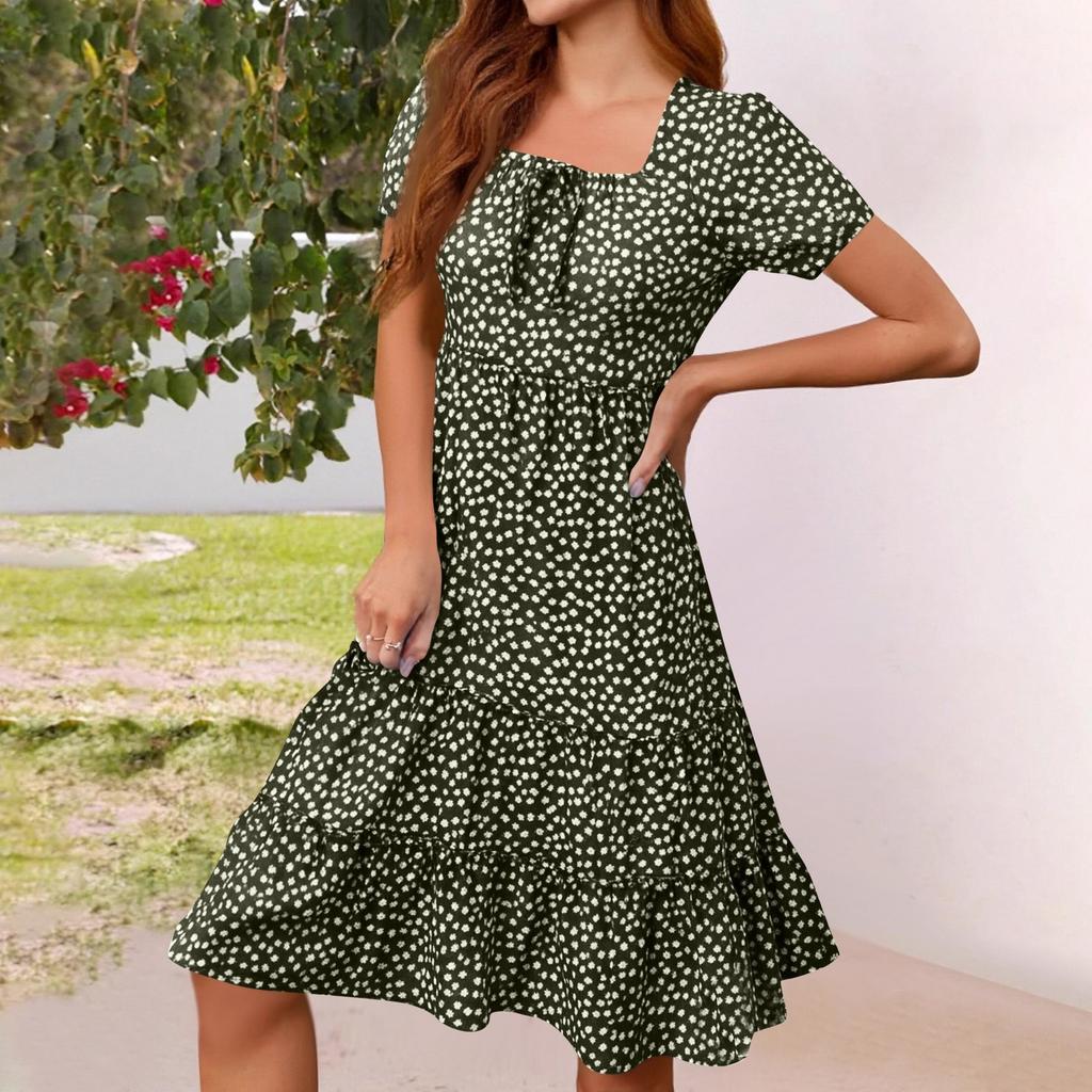 Womens Square Neck Tiered Summer Dresses Casual Floral Short Sleeved A-line Swing Flowy Dress Beach Boho Sundress