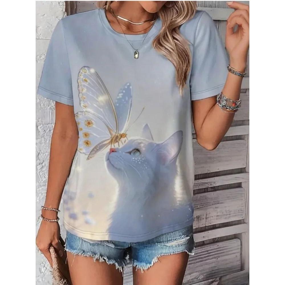 3D Printed Pattern T-shirt, Summer and Spring Short Sleeved Round Neck Casual Top, Women's Clothing