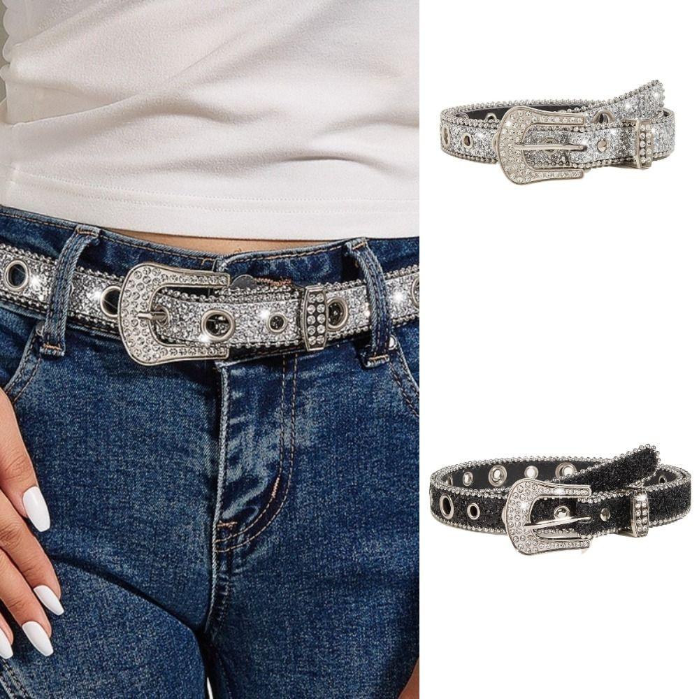 Adjustable Glitter Waistband PU Leather Belts Fashion Full Rhinestone Belt for Women Girls