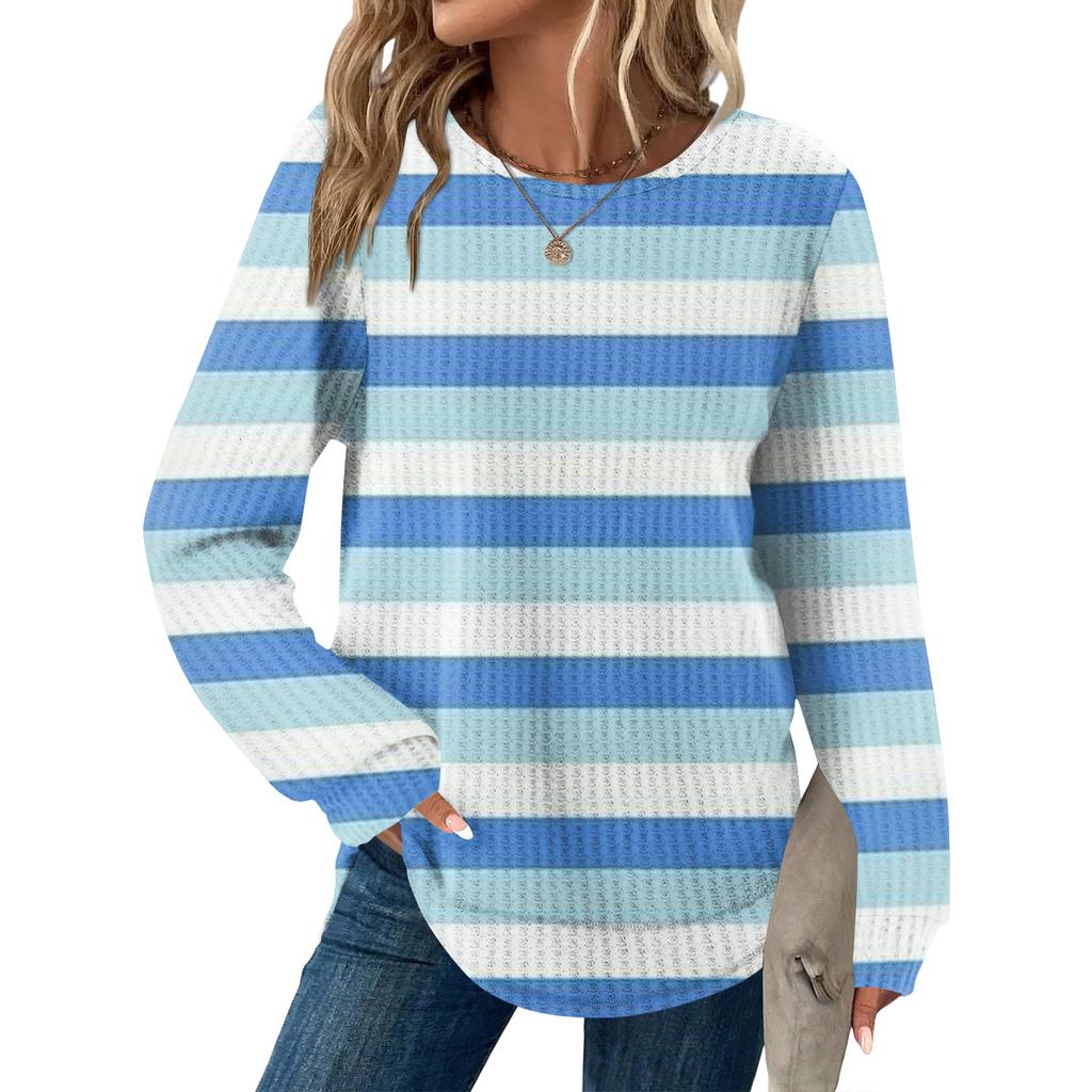Women's Striped Print Round Neck Long Sleeve Loose Casual Top