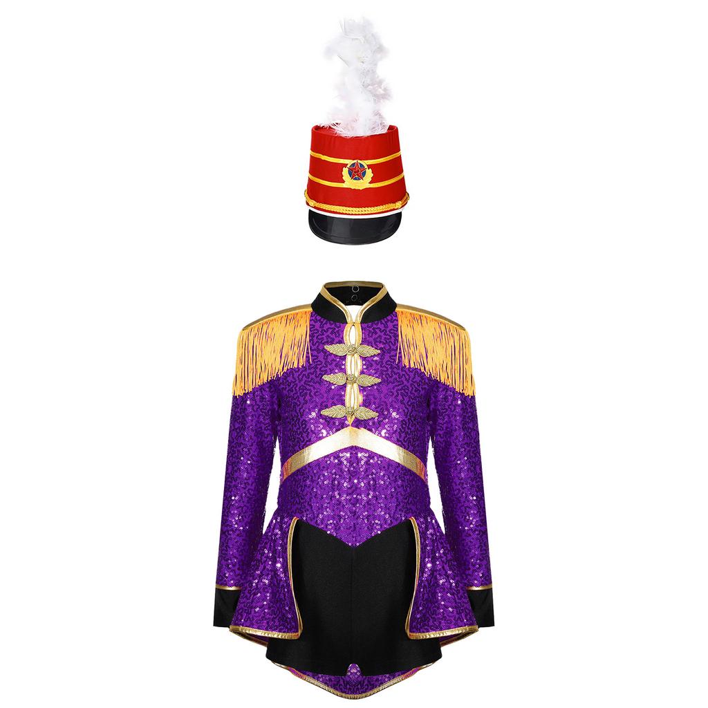 Костюм барабанщицы цирка для девочек, боди с пайетками с длинным рукавом, эполет с бахромой на плече, мини-цилиндр в качестве аксессуара