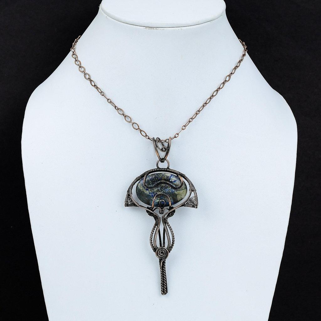 Подвеска из азурита и малахита, подвеска из медной проволоки, стильная подвеска, драгоценный камень, медная подвеска, ювелирное изделие ручной работы, свадебный подарок