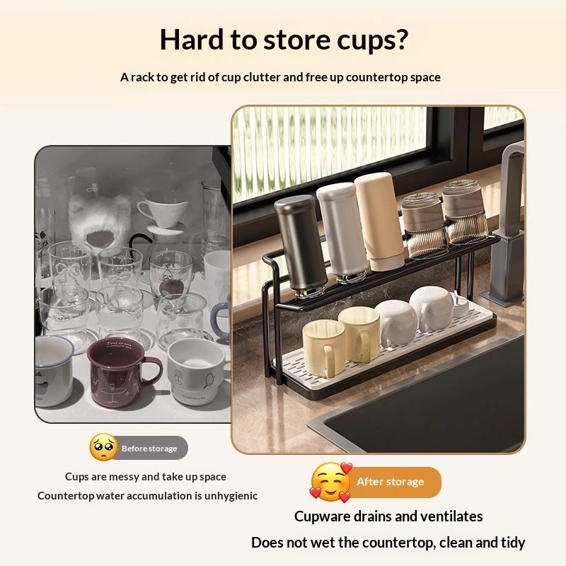 Stainless Steel Cup Holder 2 Tier Drying Rack with Drain Tray Space Saving Storage Shelf for Coffee Tea Cups Glasses Home