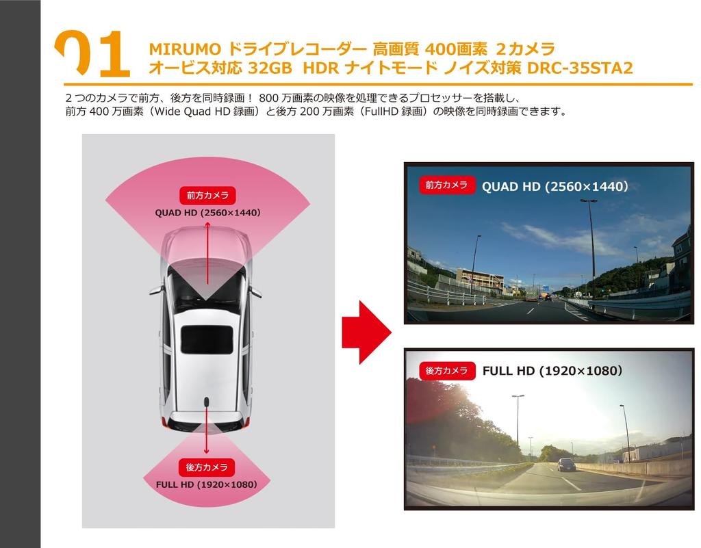 4MP Dual Camera Drive Recorder with Front and Rear Simultaneous Front and Rear Speed Camera Point and Night Mode "Mirumo Eye" DRC-35STA2 Cameras,