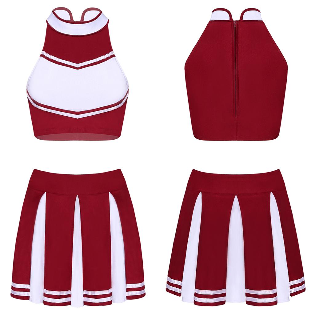 Women Cheer Leader Costume Uniform Cheerleading Adult Cosplay Outfit Crop Top with Pleated Mini Skirt