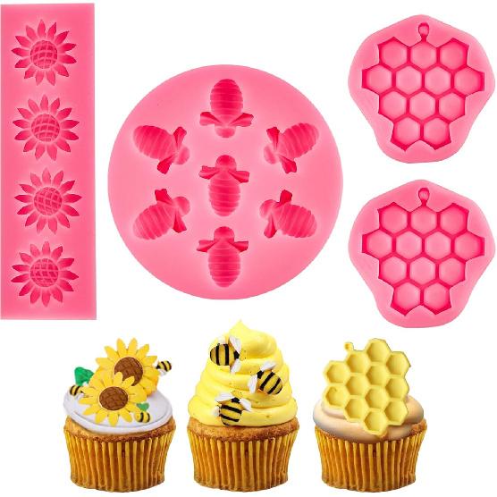 Ocmoiy 4 Pieces Bumble Bee Silicone Mold Honeycomb Sunflower and Bee Fondant Molds for Cupcake Cake Decorating Sugar Chocolate Candy Baking Mold