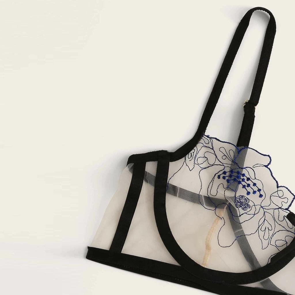 New Women's Sexy Bras and Panties Lace Flower Mesh Embroidered Sheer Lingerie Set