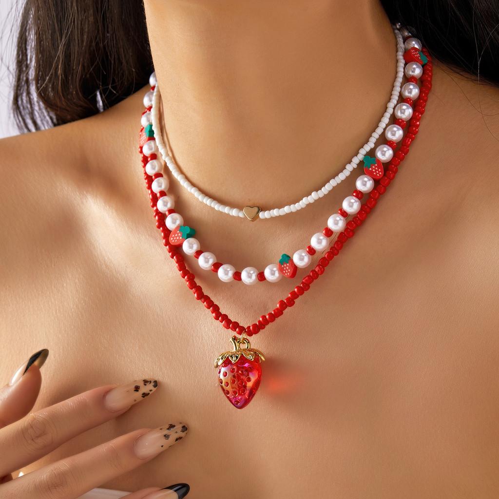 Romantic Heart Pearl Choker Necklace With Cherry And Strawberry Charms For Girls