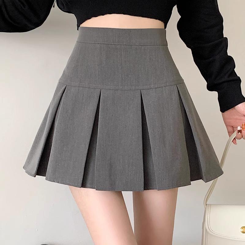 2024 Autumn Korean Style High-Waisted Pleated A-Line Skirt with Zipper
