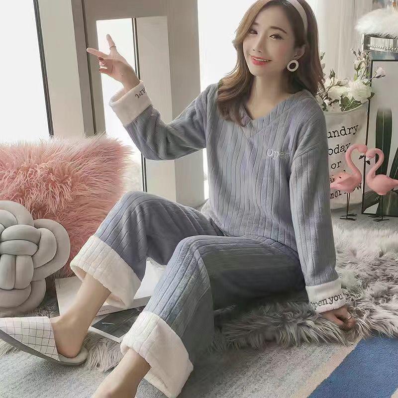 Осенне-зимняя пижама для женщин, утолщенная теплая фланель, зимний свободный вариант, прекрасная леди, которую можно носить на улице, костюм с длинными рукавами