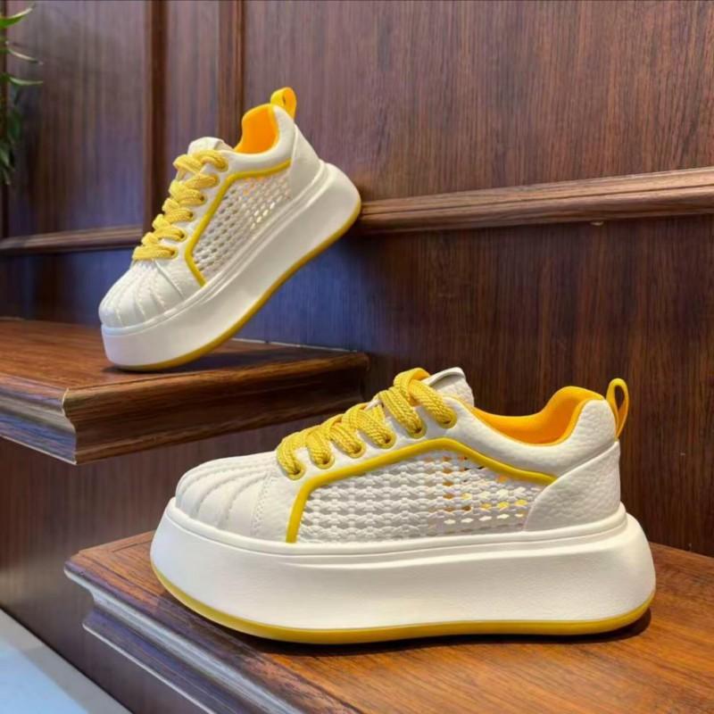 Kids Breathable Mesh Knit Platform Sneakers Boys Lightweight Casual Shoes In White Yellow Black