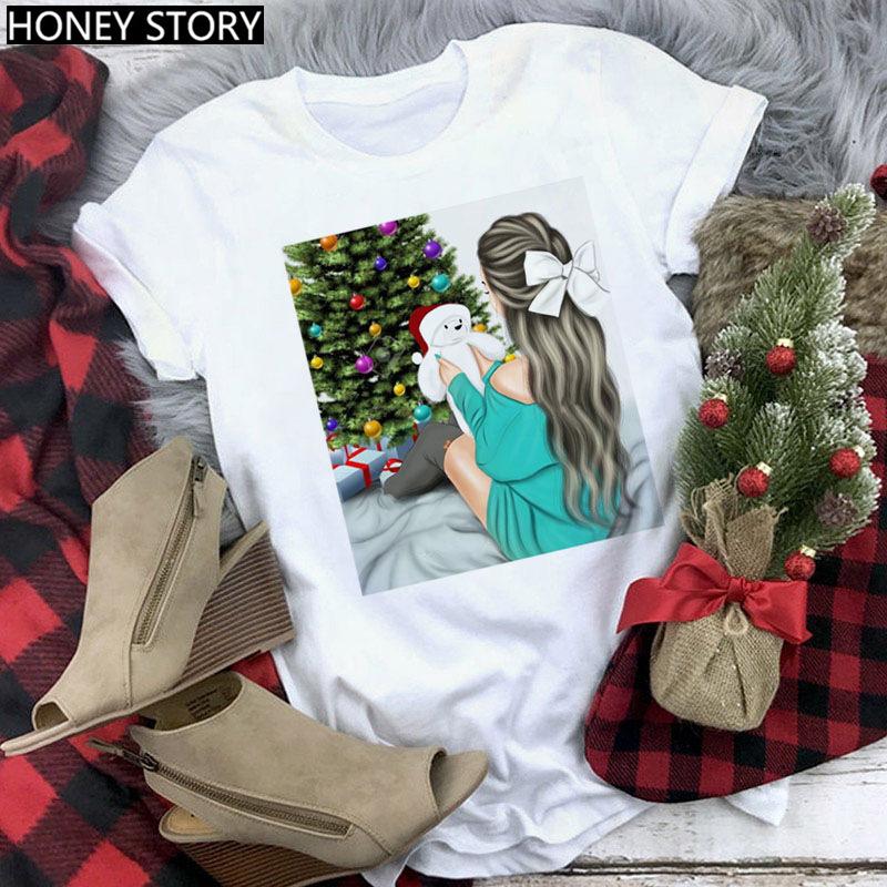 Kawaii Cartoon Merry Christmas Tree Graphics Women T-Shirts 90S Summer Short Sleeves Loose Round Neck Female Y2K Tops