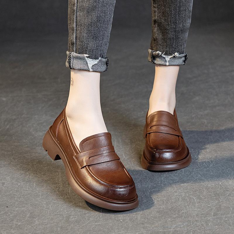 Lefu Shoes Women 2024 Весна и осень Ручная работа из воловьей кожи Мягкая подошва Одиночные туфли Модные ленивые туфли женские ретро