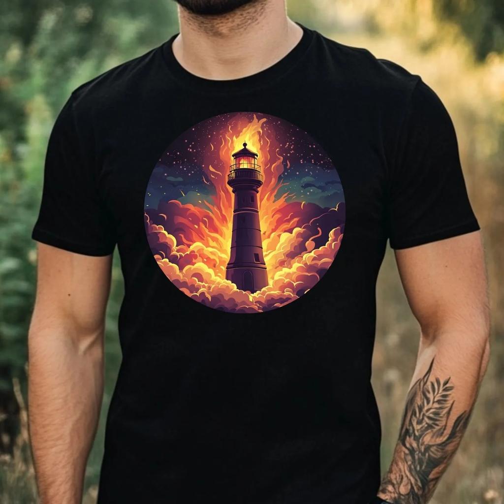 Unisexs Lighthouse On Fire Motif Cotton TShirt Size Xs To 5xl