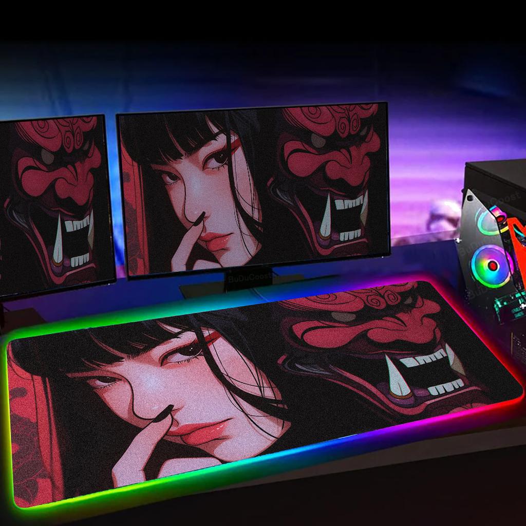 RGB Mousepad Devil Mask Samurai Rubber Desk Mat Kawaii Anime Girl Office HD Print Keyboard Pad Gamer Lock Edge Luminescence Rugs