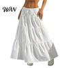Elastic Waistband Skirt Women Long Spring Summer Middle Waist A Line Flowy Swing Occasion Breathable Solid Color Drawstring Pleated Casual Elegant