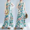 Summer Loose Cotton Linen Printed Round Neck Sleeveless Dress for Women Mid To Long Length Casual Dresses