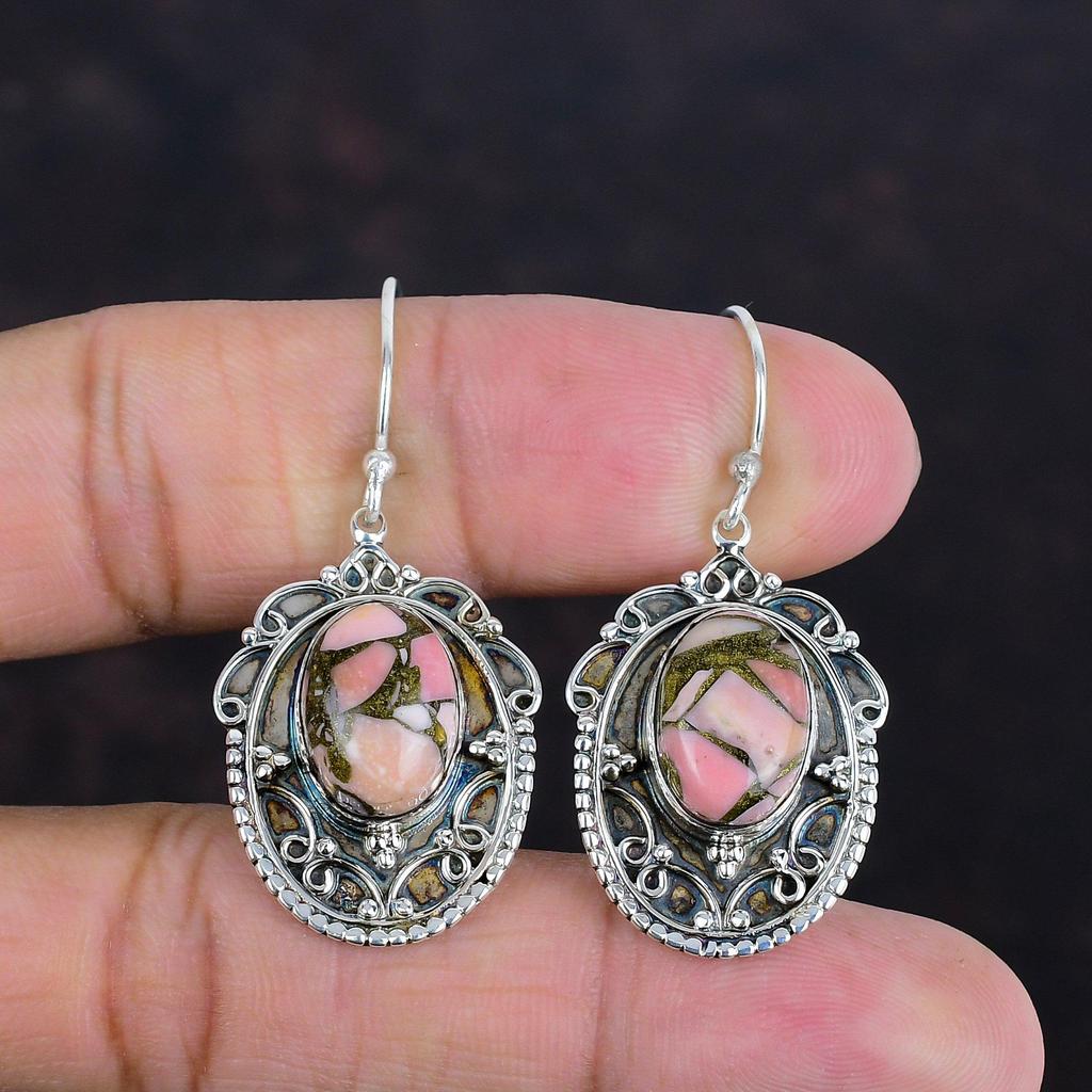 Медные серьги с розовым опалом, винтажные серьги с драгоценными камнями, уникальные ювелирные изделия, серьги из стерлингового серебра 925 пробы, изящные серьги, ювелирные изделия ручной работы, подарки для нее