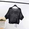 Вязаная женская летняя накидка с короткими рукавами в Корейском стиле, свободный короткий пуловер на шнурке, сетчатая рубашка
