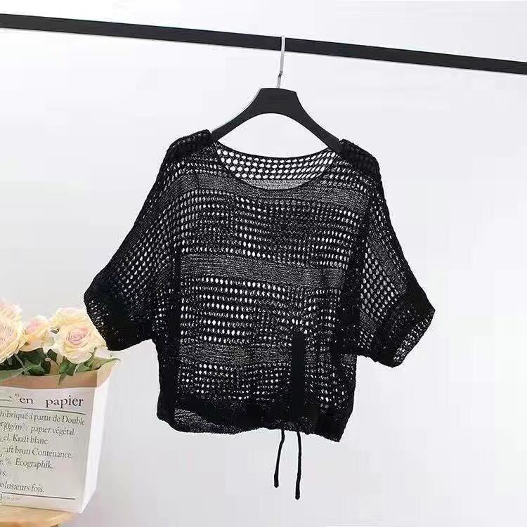 Вязаная женская летняя накидка с короткими рукавами в Корейском стиле, свободный короткий пуловер на шнурке, сетчатая рубашка