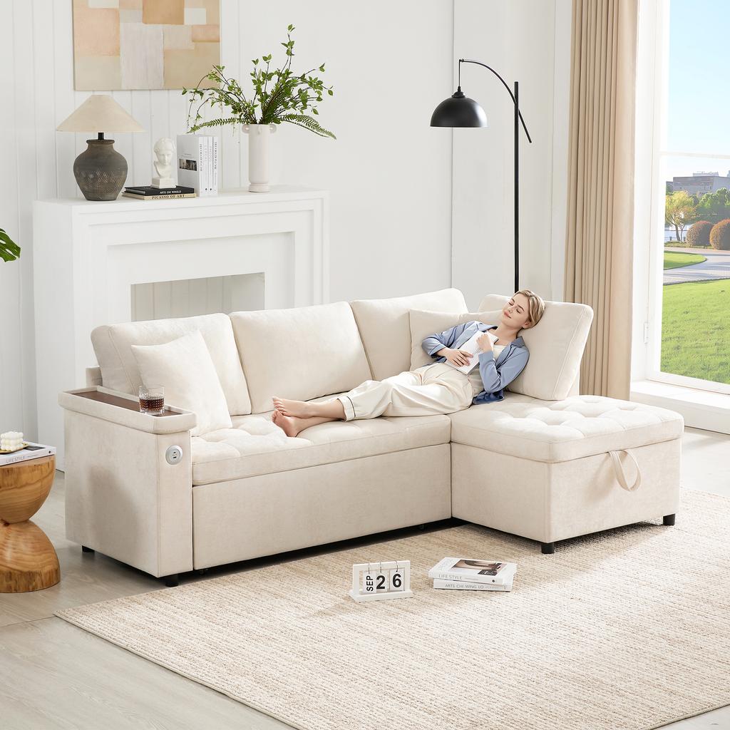 Modern L-shaped sofa with pull-out sofa bed, storage space, USB charger, armrest storage and 2 cushions, suitable for living room etc. Beige.